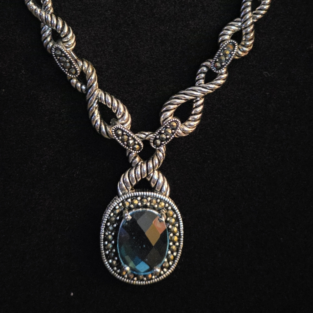 Elegant Silver Marcasite and Blue Pendant Necklace
